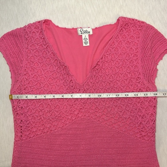 Lilly Pulitzer Vintage Pink Crochet Knit Top Cap Sleeves V-Neck Women's Size Med - Picture 8 of 11
